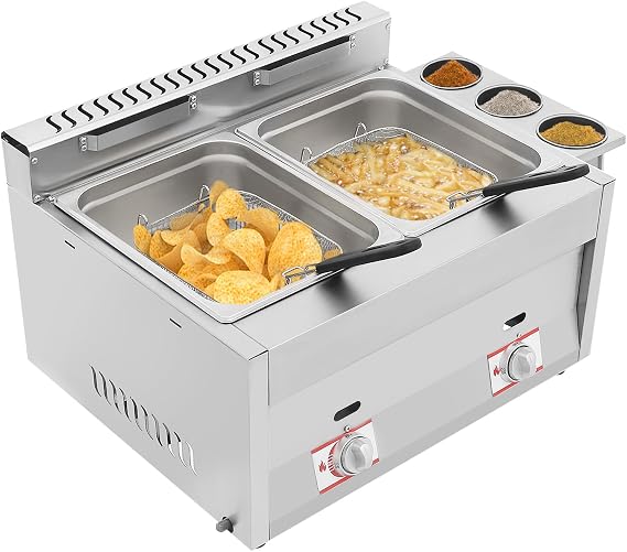 Stainless Steel Countertop Gas Fryer, 10.57QT Electric Deep Fryer w/Basket Strainer Commercial Deep Oil Fryer, Tabletop Dual Tank Kitchen Fat Fryer for Restaurant Home Kitchen