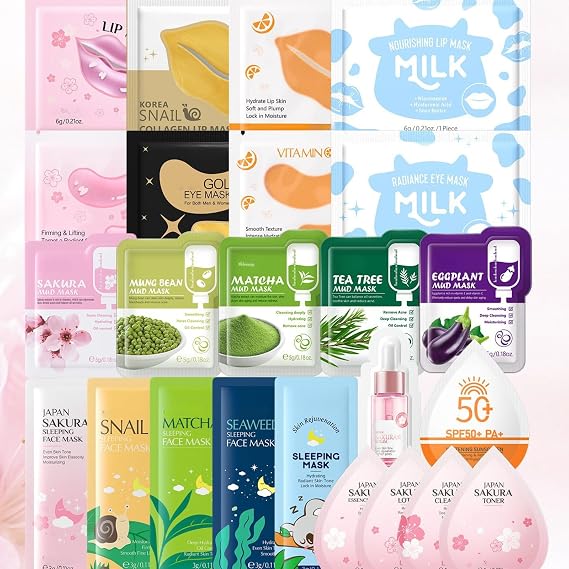 24PCS Face Mask Skincare Set, Pamper Gifts for Women, Teenage girl gifts, Self Care Kit with Face Masks, Lip Mask, Eye Mask, Serum, Hydrating Skincare Set for Relaxing Spa Nights