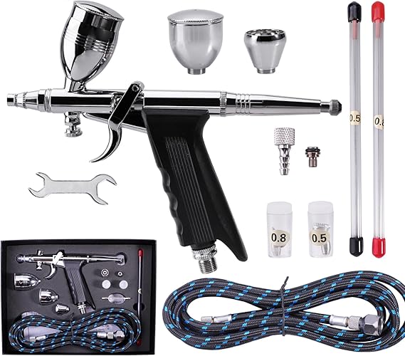 Airbrush Gun Set Double Action Air Brush Pen 0.3mm with Extra 0.5 0.8 mm Needles,Airbrush Hose & 2CC/5CC/13CC Cup Complete Kit