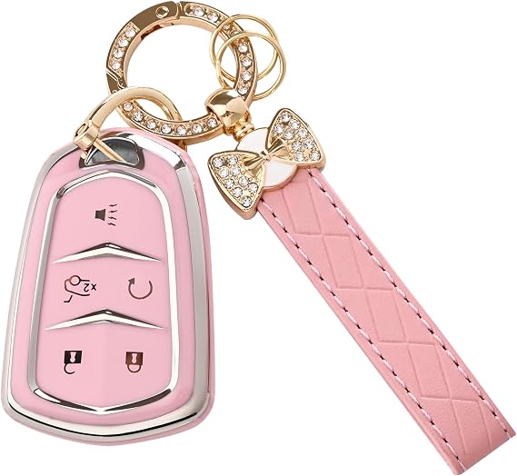 TECARATE for Cadillac Key Fob Cover - Key Fob Cover Case Holder for 2015-2019 Cadillac Escalade CTS SRX XT5 ATS STS CT6 Superior Soft TPU 360 Degree Full Protection(Pink)