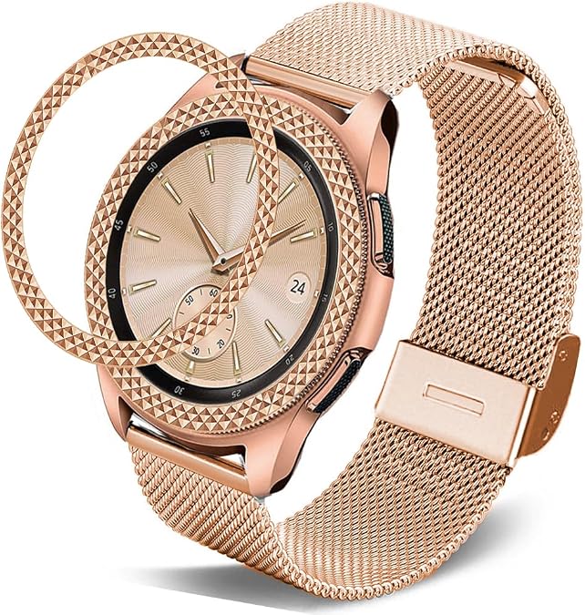 DEALELE Bands Compatible with Samsung Gear Sport/Galaxy Watch 42mm, 20mm Stainless Steel Metal Mesh Strap with Fish scale texture Bezel Ring Cover Strap Replacement for Women Men