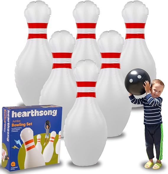 HearthSong Giant Indoor/Outdoor Inflatable Bowling Game for Kids' with Six 18" H Pins and 12.5" Diameter Ball