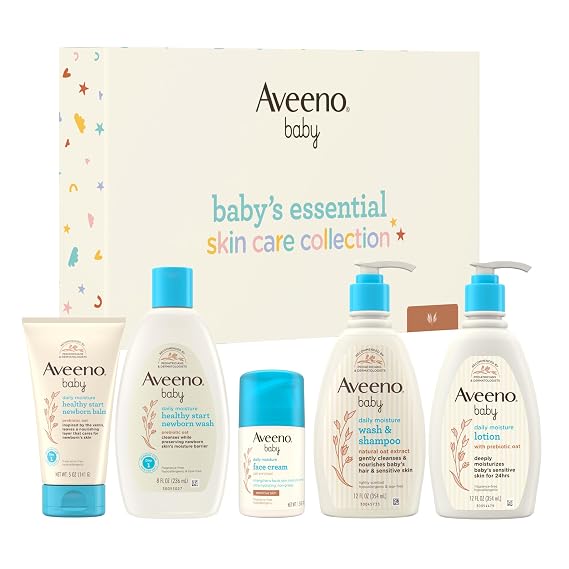 Aveeno Baby Essential Skincare Gift Set, 5-Piece Collection with Wash and Shampoo, Daily Moisture Body Lotion, Face Moisturizer & Newborn Wash and Baby Balm, Gentle Daily Care for Sensitive Skin | Sensitive Skin