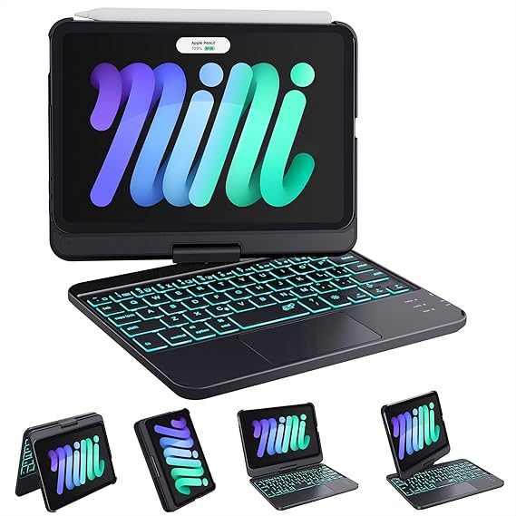 GreenLaw Keyboard Case for iPad mini 7/6 8.3-inch, Trackpad, 360 Rotating | 360 Rotate Keyboard Case, Built-In Touchpad, 7 Color Backlit, Type-C Rechargeable, Black