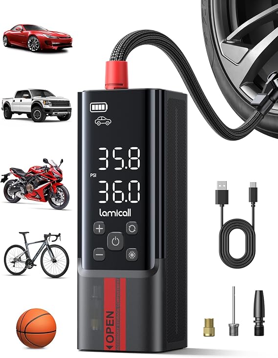 Lamicall Portable Car Tire Inflator Air Compressor 4X Faster 150 PSI | Pressure Gauge Display, Rechargeable, LED Light, Automatic Cordless Air Pump Car Accessories for Motorcycle Bike Wheels Gifts