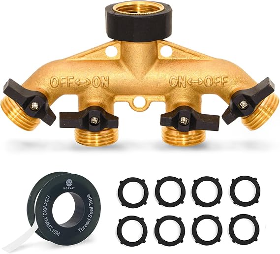 Morvat 4 Way Splitter, Heavy Duty Brass Garden Hose Manifold Connector with Comfort Rubber Grip ON/OFF Valves, Adapter for Water Faucet Tap & Spigot, Includes 8 Extra Washers & Roll of Teflon Tape