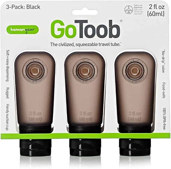 Humangear GoToob Refillable Silicone Travel Size Bottles for Women, Men, Toiletries, Beauty, Cosmetics, 3pk Set, Black, 2 Fl Oz (Pack of 3)