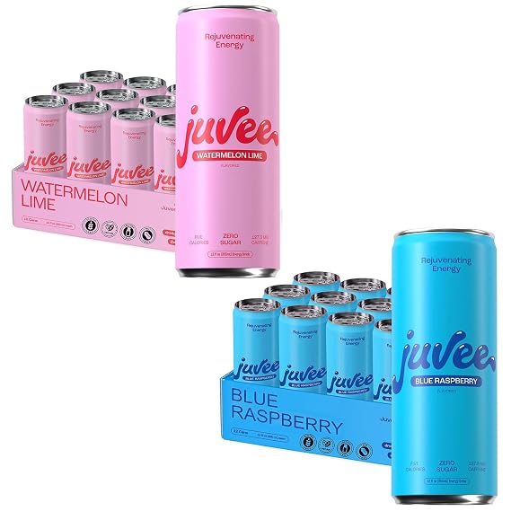 Watermelon Lime & Blue Raspberry Juvee Rejuvenating Energy Drink 12 oz Cans, 12-Pack Each Sugar Free, 127128mg Natural Caffeine per Can, Zero Sugar, Low Calorie, Clean Energy & Mental Focus Boost