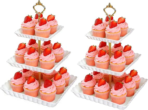 2pcs Plastic Cupcake Stands- 3 Tier Cupcake Stand- Dessert Tower Tray for Tea Party, Birthday and Wedding (White Square)