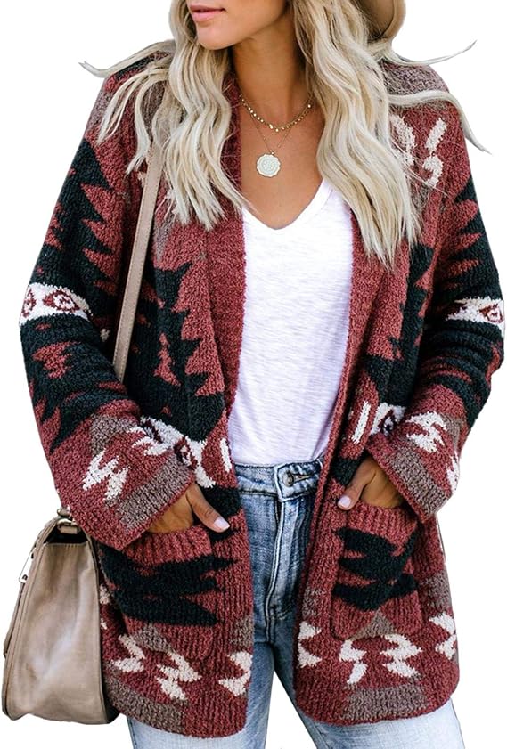 FERBIA Women Boho Cardigan Aztec Open Front Loose Slouchy Sweaters Tribal Long Sleeve Knitted Christmas Jacket Coat