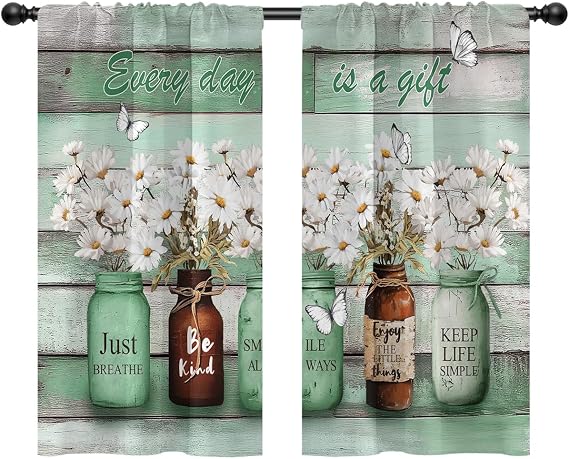 Green Farmhouse Kitchen Window Curtains Rod Pocket Small Short Cafe Floral Vintage Rustic Retro Boho Daisy Plant Fun Inspirational Drapes 2 Panels Living Bedroom Decoration Decor 27.5X39 inch