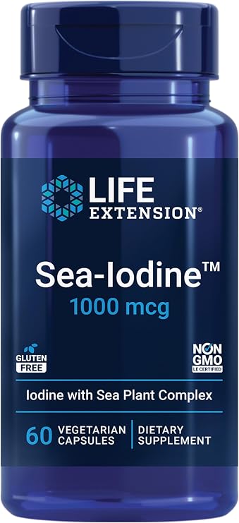 Life Extension Sea-IodineTM, kelp and bladderwrack-derived Iodine, Supports Healthy Levels of This Essential Nutrient for Thyroid Health and Beyond, Non-GMO, Gluten-Free, Vegetarian, 60 Capsules | Kelp & Bladderwrack-Derived Iodine Supports Healthy Levels for Thyroid Health & Beyond, Non-GMO, Gluten-Free & Vegetarian