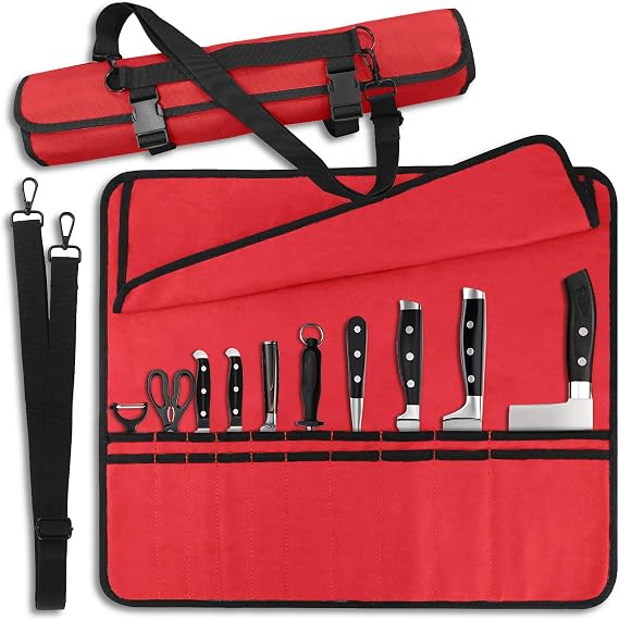 QIQU Red Chef Knife Bag With 20 Slots Cutlery Knives Holders Protectors, Home Kitchen Travel Cooking Tools, Portable Canvas Knife Roll Storage Bag Chef Case for Camping or Working
