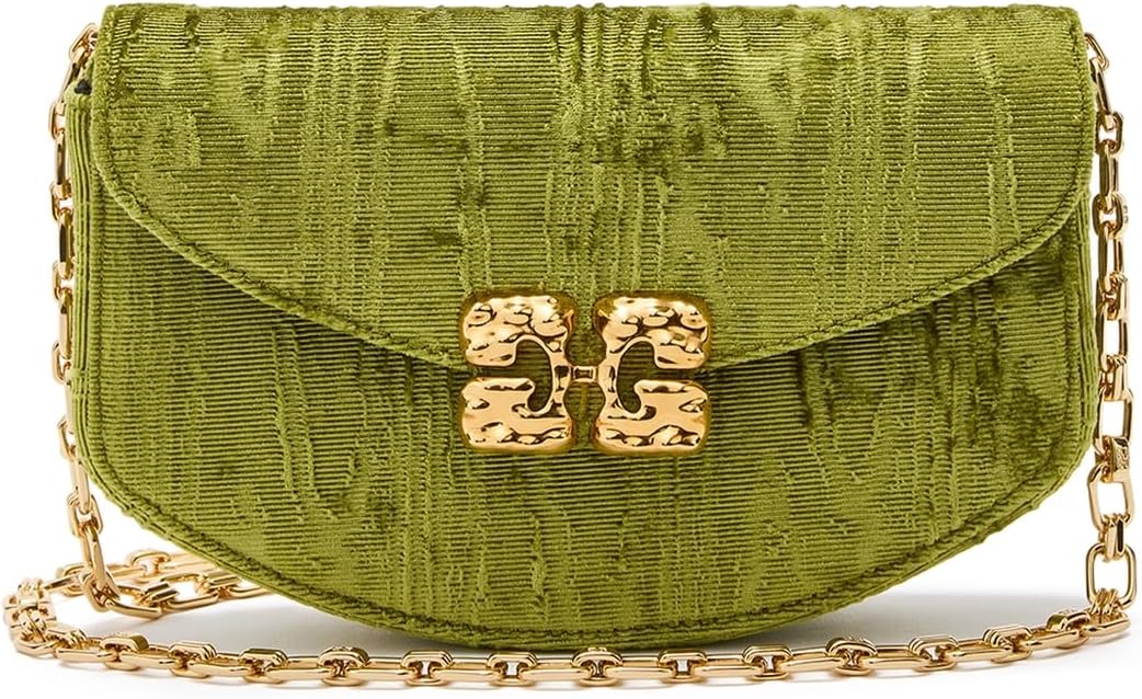 Ganni Women's Lulu Wallet On Chain Velvet Moire, Spinach Green, One Size