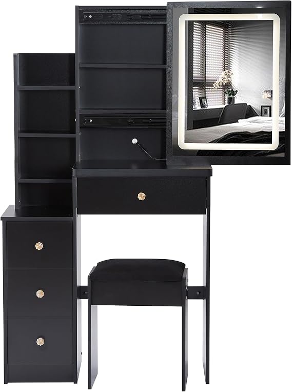Makeup Vanity Desk Set with LED Lights, Make Up Vanity Table with 3-Mode Adjustable Lights & Storage Stool, Makeup Table with Mirror, Dressers, Shelves, Chair for Bedroom, Black