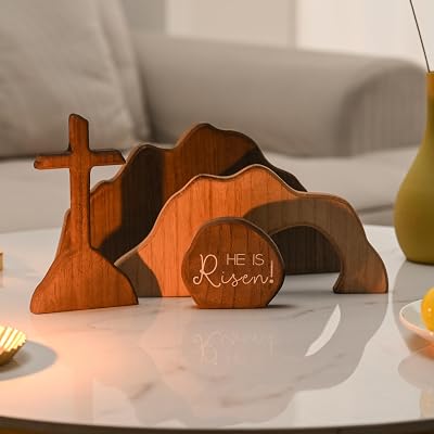 Empty Tomb Easter Scene and Christian Cross Decoration, Wood Easter Resurrection Scene for Tray, Jesus Nativity Scene Decor for Religious Decorations, Home Office Tabletop, Shelf Decor