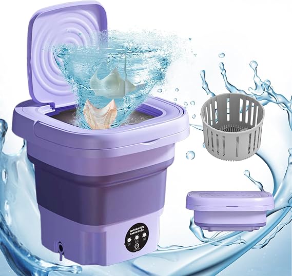 Foldable Mini Washing Machine 8L 2-in-1 Foldable Portable Mobile Washing Machine Small Efficient Small Washing Machine for Baby Clothes Underwear Camping Motorhomes Gifts Travel (Purple) [Energy Class A]