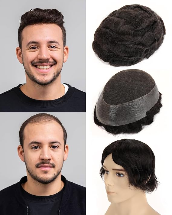 BEEOS Lace Top with Thin Skin PU Around Base Toupee Hair for Men, 8x10 Inch 130% Density Invisible Natural Hairline Mens Hair Piece #1B Natural Black | 100% Remy Human Hair System for Men,130% Density Men's Toupee,V-looped Tiny Knots Natural Hairline 1B Natural Color No Tangle