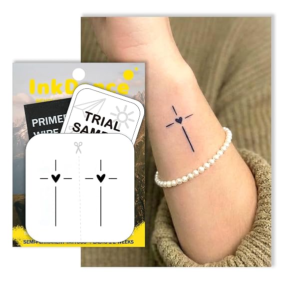 Semi-Permanent Tattoo, The Faithful Heart Minimalist Cross, Long Lasting Temporary Tattoos, Waterproof Plant-Based Ink, Lasts 1-2 Weeks, Color Develops in 24 Hours MNF196, Set of 2