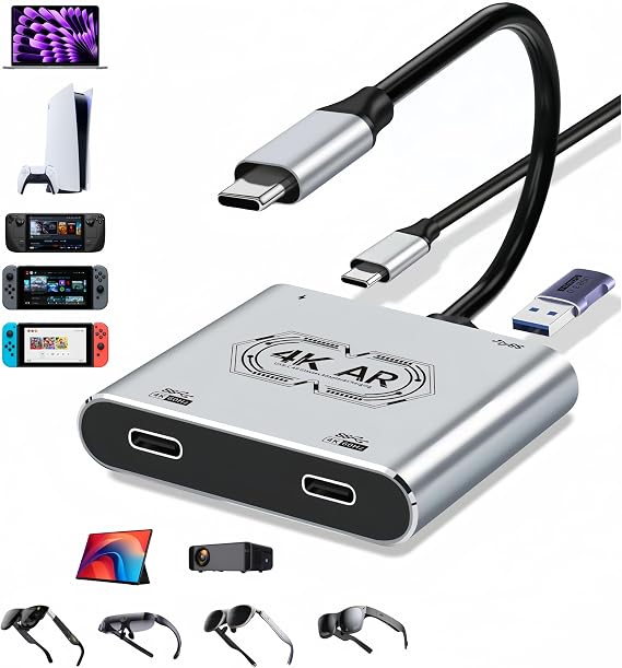 USB C to Dual AR Glasses and Charging Adapter, Charger and Play, up to 4K@60Hz PD 100W Fast Charging, Compatible Switch OLED, Steam Deck, iPhone 16, Connect Viture/Rokid/Xreal AR Glasses