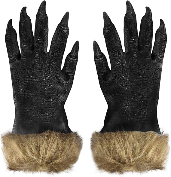 JIAHG Halloween Costume Black Beast Claw Gloves Latex Wolf Demon Monster Paws Furry Cuff Cosplay Costume Props for Men Women Werewolf Death Fancy Dress Party Accessories