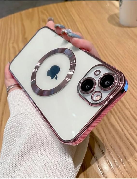 GGM GİYİM & AKSESUAR iPhone 14 ile Uyumlu Laser Şeffaf Parlak Arka Yüzey Ve Logo Detaylı Kenarları Silikon Yapıya Sahip Lens Koruyuculu Kılıf (Pembe)