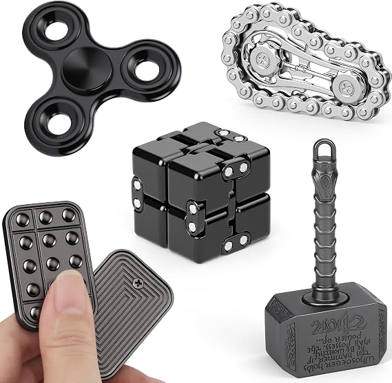 5PCS Fidget Toys Set, Sensory Pack with Fidget Chain, Infinity Cube, Fidget Slider, 2 in 1 Hammer Spinner, Metal Tri Spinner, Stress Relief Office Desk Gadget, Christmas Birthday Gift for Kids Adults