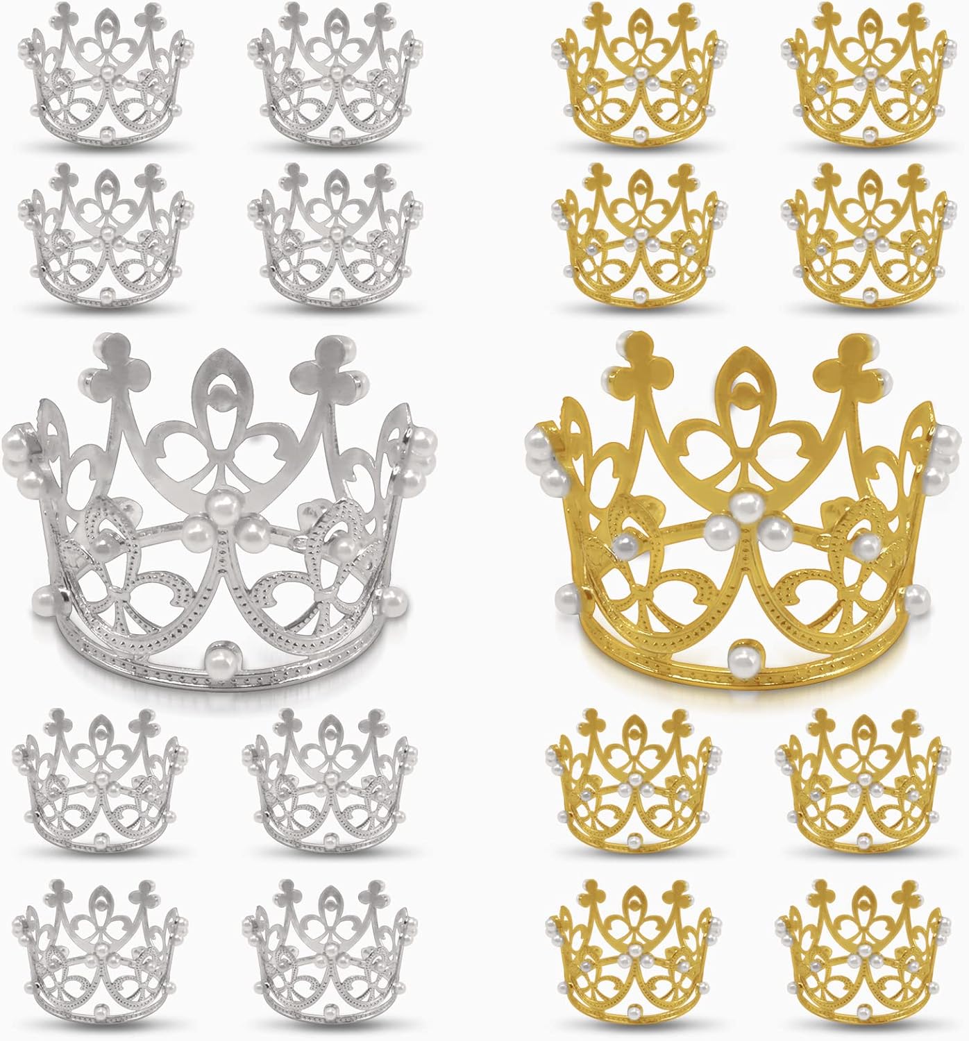 16-Piece Crown Cake Topper Set - Queen, Mini, Tiny Crowns for Princess, Decorative Pearl Cupcake Toppers for Girl Birthday Party, Lady Wedding - Gold 8PCS, Silver 8PCS