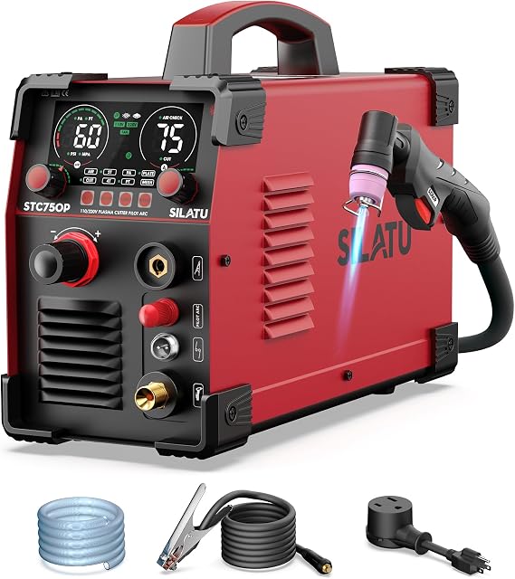 SILATU 75Amps Plasma Cutter, HF Non-Touch Pilot Arc Plasma Cutter Machine, 110220V Dual Voltage Large LED Display Air Sensor Technology, 58 Clean Cut 1 Max Cut, PT2T4T for Beginners DIY Red