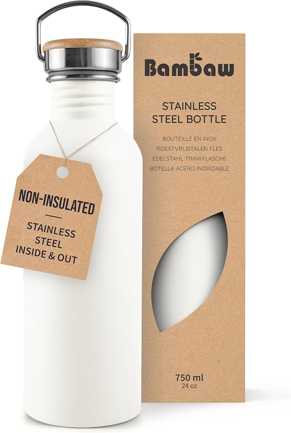 Bambaw 24 oz Water Bottle Metal, White Non-insulated Single Wall Stainless Steel Water Bottle, Reusable Metal Water Bottle no Straw Polar White