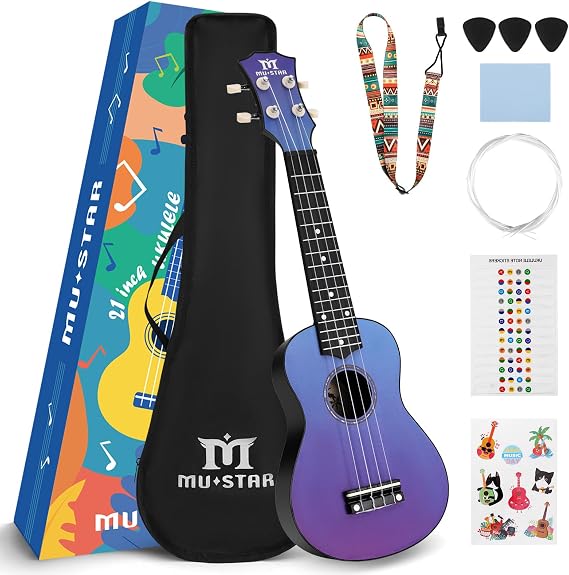 MUSTAR 21 Inch Soprano Basswood&ABS Blue-Purple Ukulele Set for Beginners