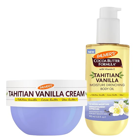 Palmer's Cocoa Butter Formula Glow & Hydrate Duo (Body Cream & Shimmer Oil) | Tahitian Vanilla Cream and Shimmer Body Oil deliver drenching hydration to deeply nourish and soften skin for a radiant glow.