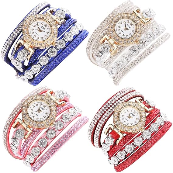 Fashion Women Lady Analog Quartz Rhinestone Watch Bracelet Winding Wrap Wristwatches (4 Pack)