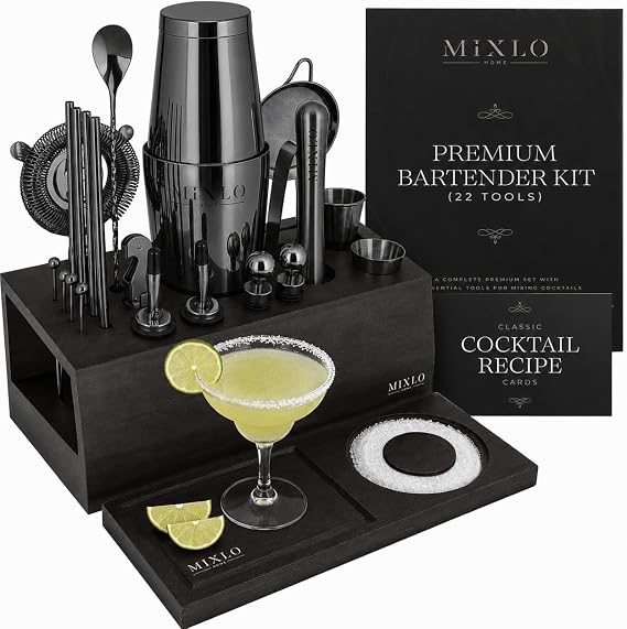 Mixology Bartender Kit - 22Pcs Bar Set Cocktail Shaker Set w Black Bar Cart Accessories Stand - Shakers Bartending Gun Metal Black Tools, 24oz Shaker, 17 Recipe Cards, Martini Barware