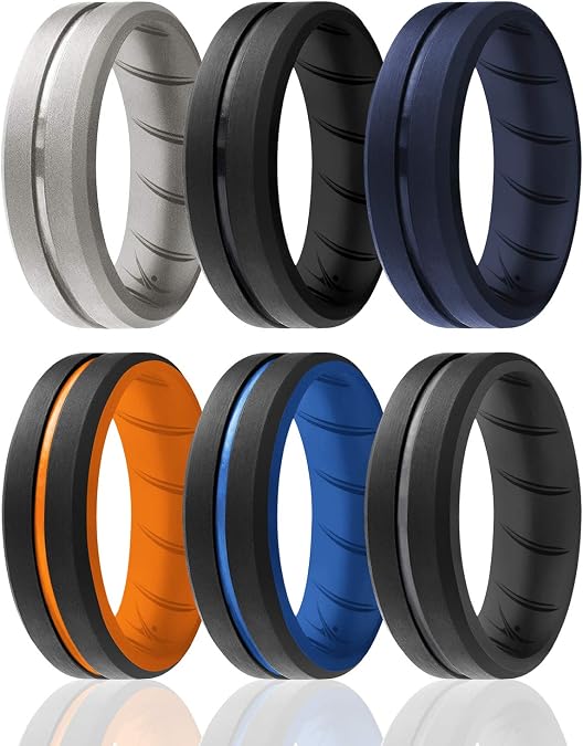 ROQ Silicone Rubber Wedding Ring for Men, Men's Wedding Band, Breathable Rubber Engagement Band, 2 Thin & Middle Lines, Beveled Edge & Engraved Duo, Multi Colors