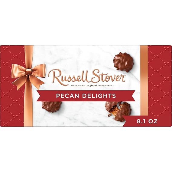 Russell Stover, Pecan Delights, Chocolate Covered Caramel and Pecans, Chocolate Gift Box, 8.1 Ounce