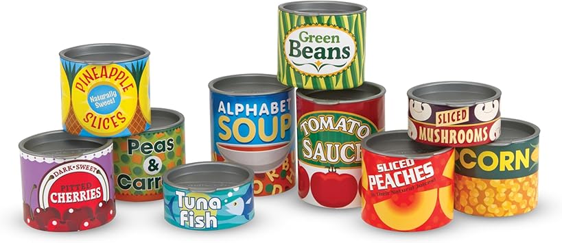 Melissa & Doug Lets Play House, 10 Grocery Cans with Removable Lids, Toy Food & Play Kitchen Accessories, Preschool Learning Toys for Girls & Boys 3+
