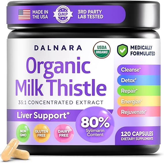 USDA Organic Milk Thistle 120ct, 35:1 Extract, 80% Silymarin, Liver Detox