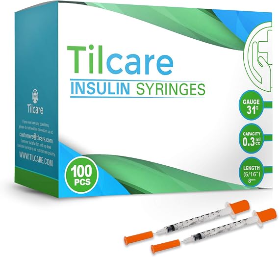 Tilcare Ultra Fine Insulin Syringes 31 G 0.3 cc 8mm 5/16" 100-Pack Latex-Free Diabetic Syringes - Sterile Medical Syringe for Diabetes Individually Blister Packed for Your Safety