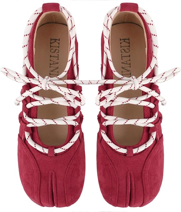 KISTANIA Women's Tabi Flat Shoes Lace Up Split Toe Ballet Flats