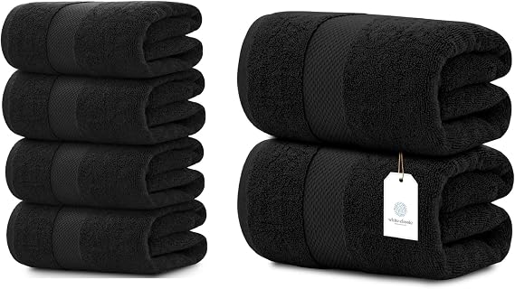 White Classic 4 Luxury Black Bath Towels 27 x 54 and 2 Luxury Bath Sheet Towels 35 x 70 | Cotton, Highly Absorbent and Quick Dry for Hotels, Spa and Bathroom