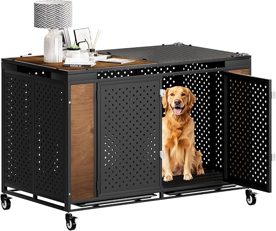Snuowu 54 Inch Heavy Duty Dog Crate Furniture with Wheels,Indestructible Metal Dog Cage for Large and Medium Dogs, Extra Large XL XXL Dog Crate with Removable Tray.
