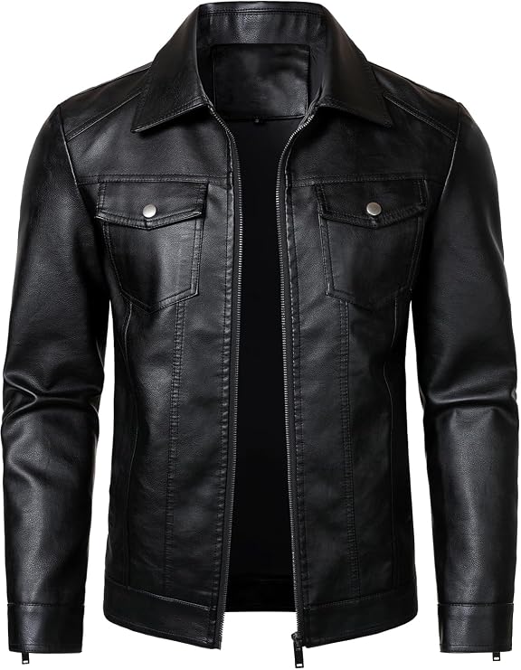 HOOD CREW Men's Motorcycle Biker Jacket- Lightweight Faux Leather Jacket for Casual Wear | Classic Collar, Multiple Pockets