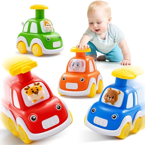 TooyBing Press and Go Car Toys for Toddlers 1-3, 4 Pack Animal Baby Car Toys for 1 2 Year Old Boy, Push Go Friction Vehicle Toys for Infants 12-18 Months, One First Birthday Gifts for Boys Girls