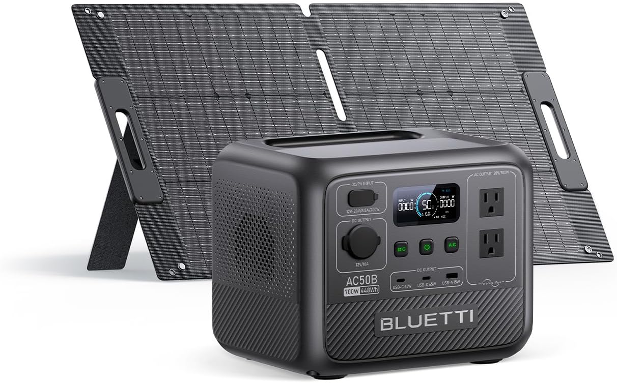 BLUETTI Solar Generator AC50B with 100W Solar Panel Included Ships Separately, 448Wh700W Portable Power Station, 65W USB-C PD Output, LiFePO4 Battery Backup for Travel, Camping, Outage