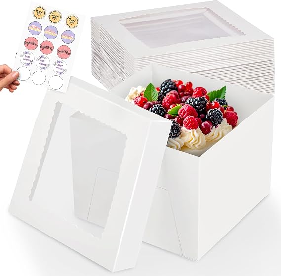 RICCLE 15pcs Cake Boxes, 10x10x8 Inches Tall Cake Box with Window, Large White Bakery Boxes, Baking Boxes, Square Cardboard Cake Box for Multi-Layer Cakes, Cake Decorating Supplies, Valentines Day