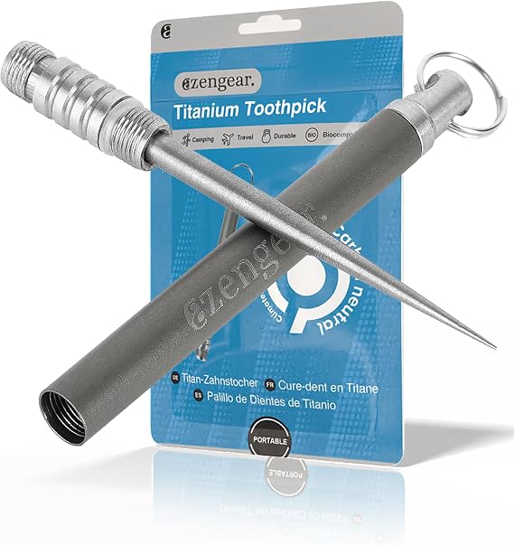 aZengear Titanium Toothpick, 8g, 11cm/4.3in, ⌀6mm with Keyring Pocket Holder - Portable, Reusable - Best for Outdoor Camping, Travel, Picnic (One)