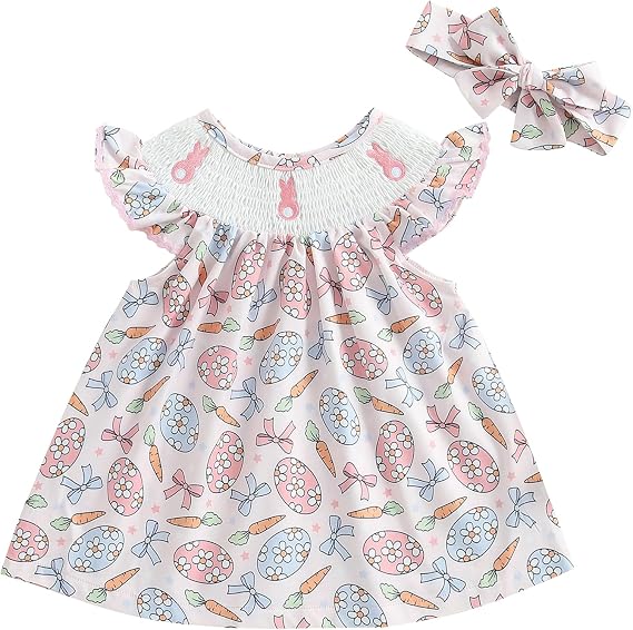 Toddler Girls Easter Dress Rabbit Easter Eggs Print Fly Sleeve Casual Dress Baby Princess Dress with Headband