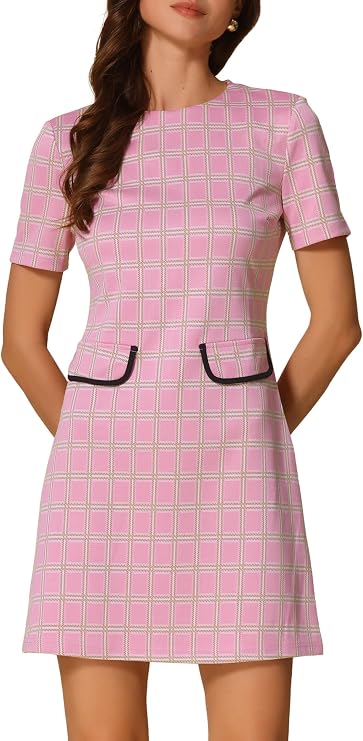 Allegra K Women Office Houndstooth Short Sleeve Sheath Above The Knee Dress