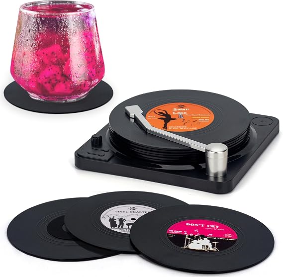 Valdivia Retro Vinyl Record Coasters, Music Coasters Set of 6 for Drinks | Funny Coasters for Bars, Cafes, Home, Party, Office, Housewarming Gifts for Music Lovers and Birthday Gifts for Men